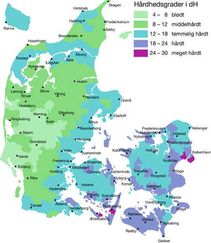 Kort over Danmark som viser hvor hårdt vandet er i de forskellige regioner i Danmark